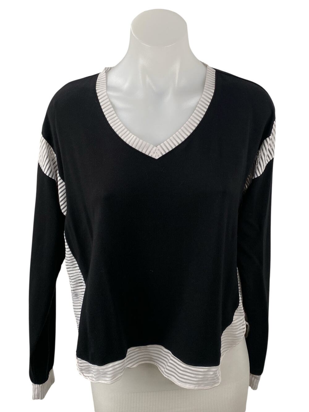 K-DEER Women's Black Color Block V Neck Long Sleeve Sweatshirt Sweater Top Sz M